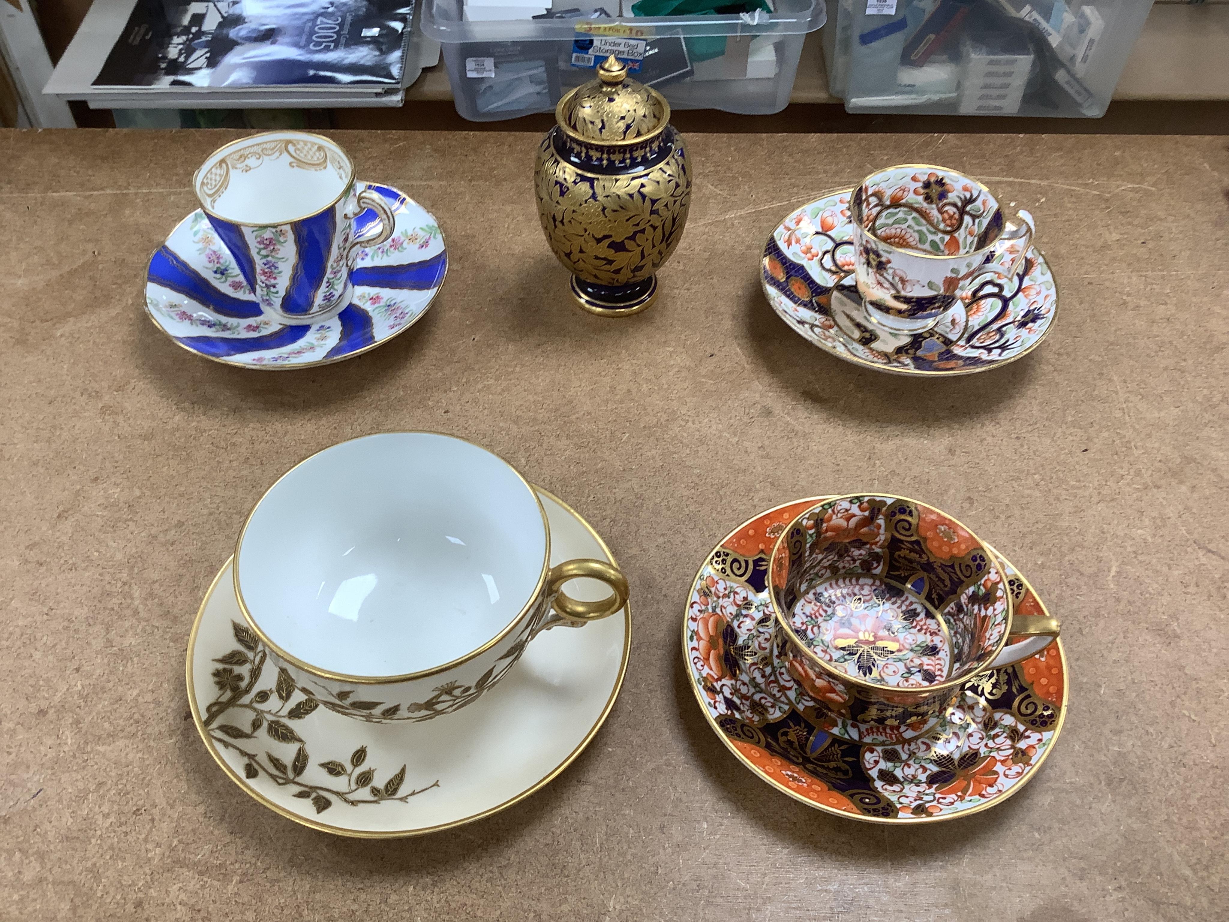 A collection of 19th century and later porcelain to include Aynsley, Davenport, Royal Crown Derby and Spode, some Imari pattern, largest 23cm in diameter. Condition - varies, mostly fair